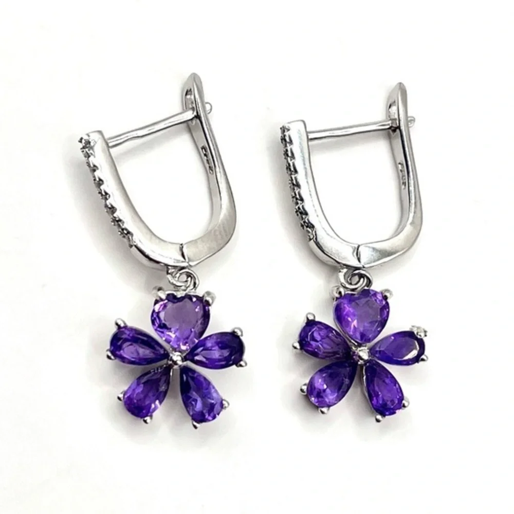 Genuine Amethyst Pear Cut 925 Sterling Silver Dangle Earrings - Picture 1 of 5